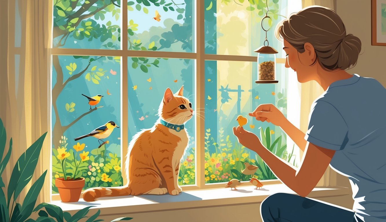 A cat sits on a windowsill looking outside at birds in a garden while a person offers it a toy inside a cozy room.