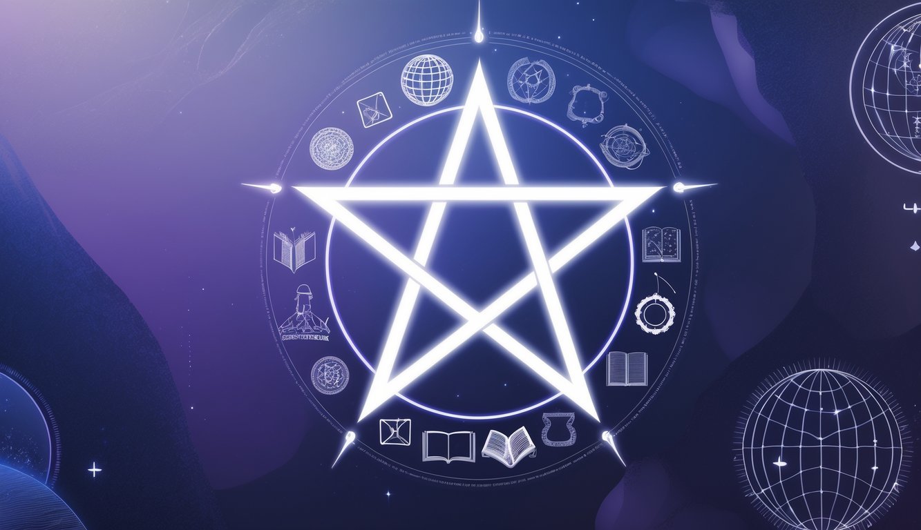 A glowing pentagram surrounded by diverse cultural symbols and modern elements representing its meanings across different cultures.