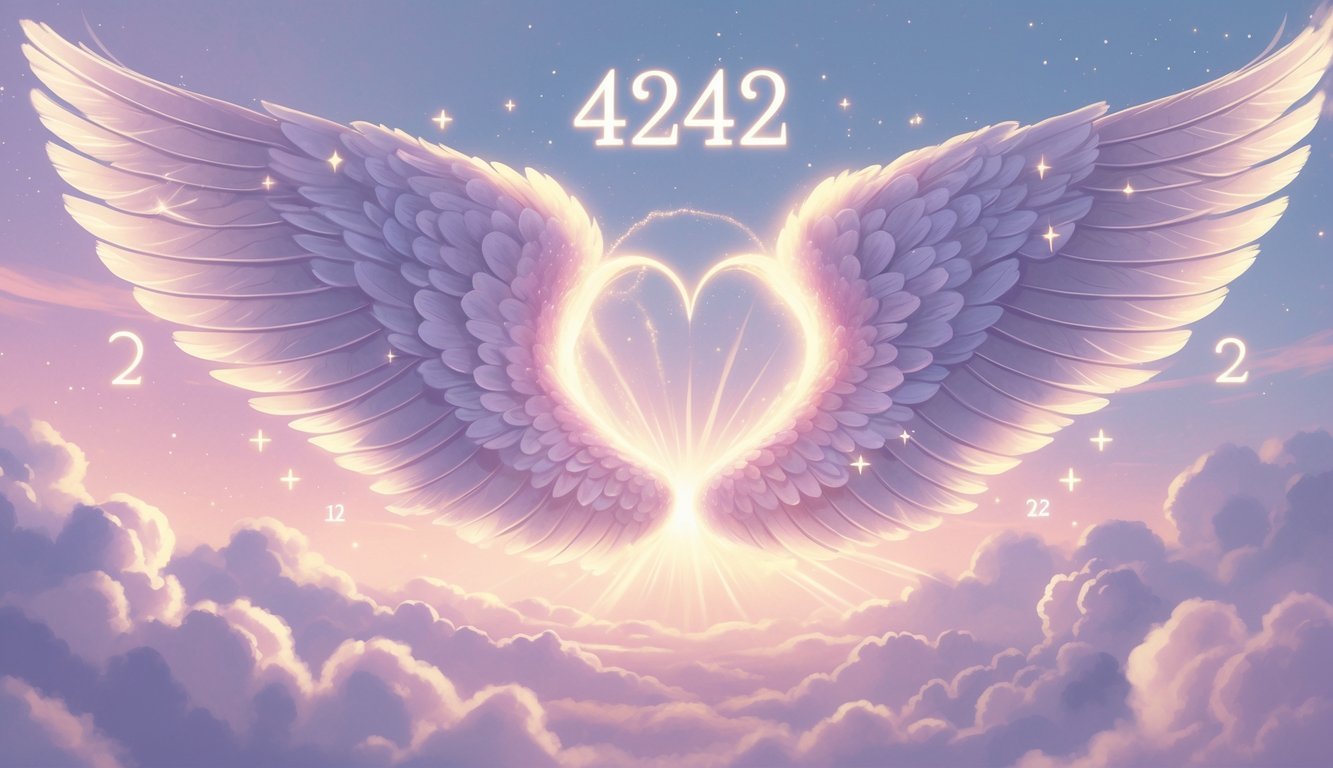 A serene sky at dawn with glowing angel wings forming a heart shape, surrounded by soft light and celestial symbols representing balance and spiritual guidance.