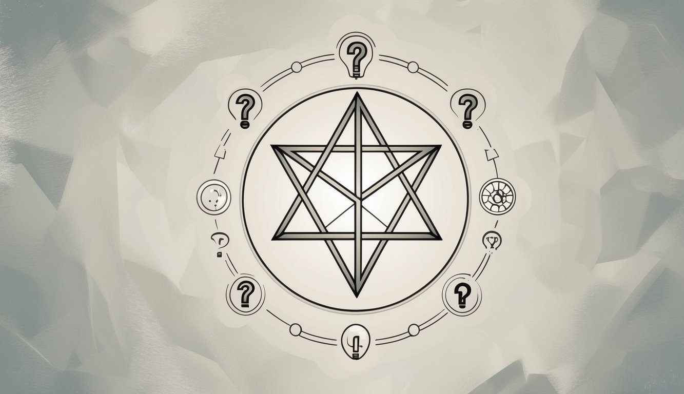 An illustration of a pentagram surrounded by icons representing questions and answers arranged in a circle.