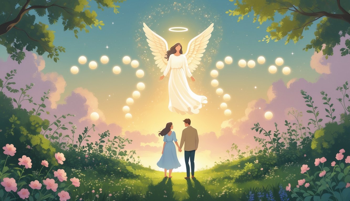 An angel hovering over a vibrant garden with a loving couple holding hands surrounded by blooming flowers and glowing lights.