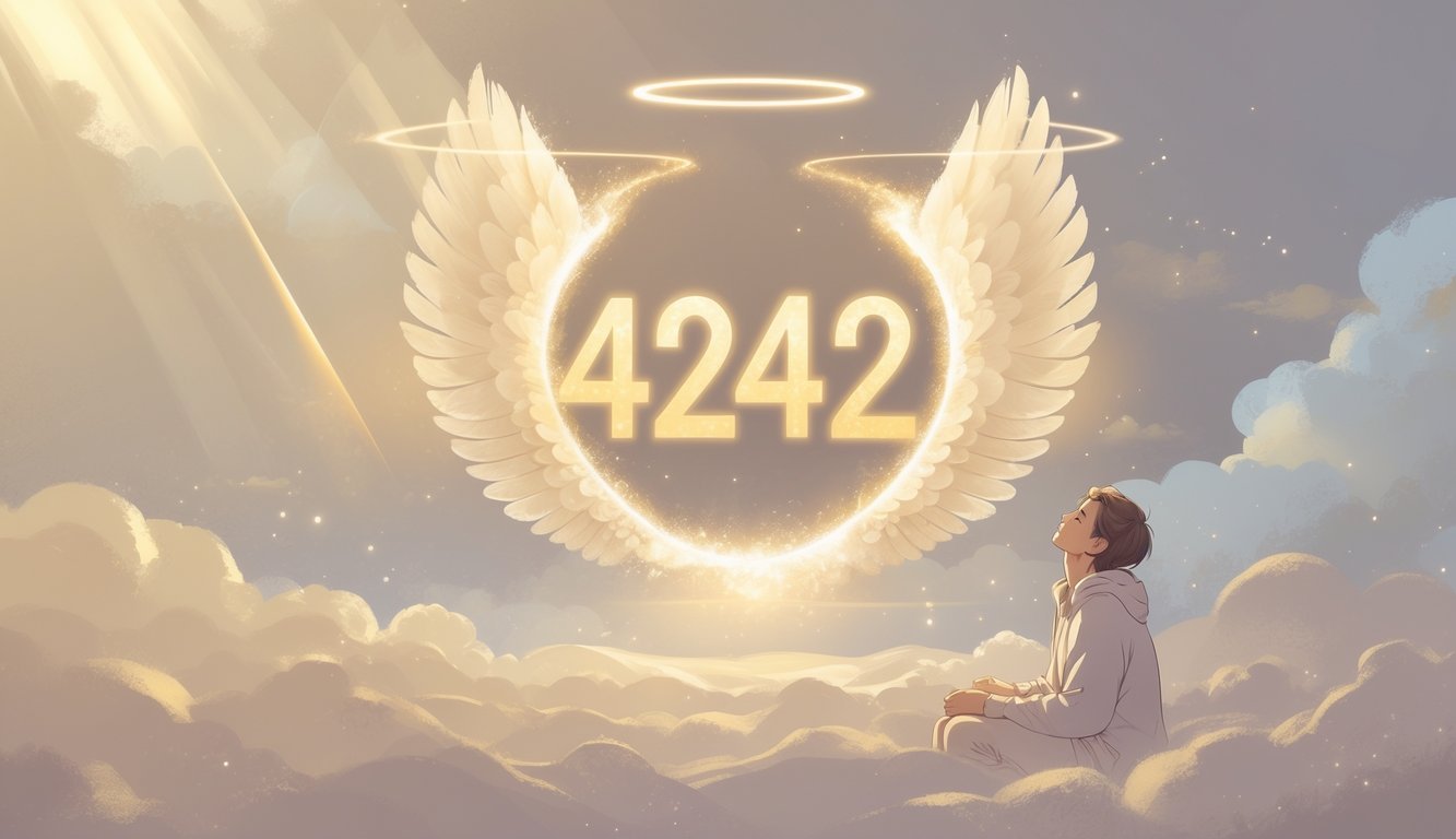 A person looking thoughtfully at glowing angelic wings and the number 4242 appearing in a soft, cloudy sky surrounded by gentle light.