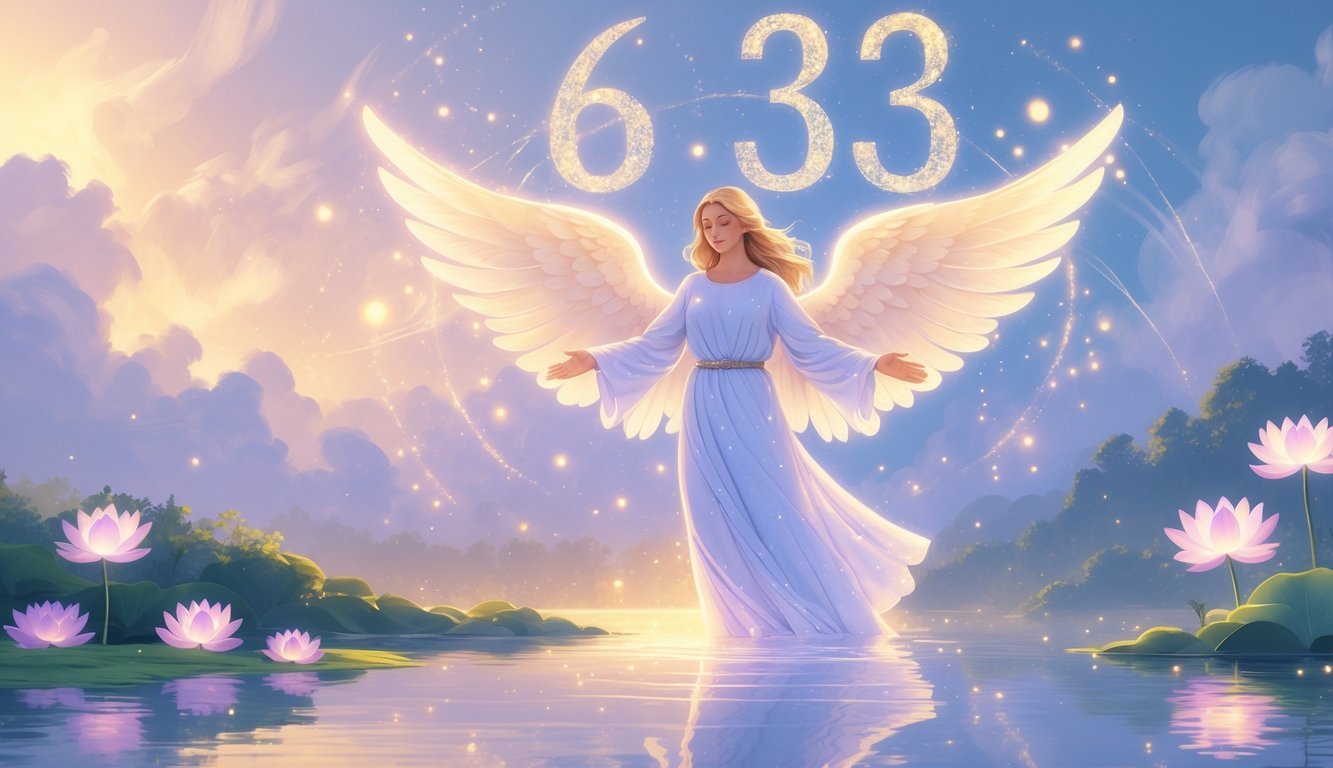 A glowing angel with outstretched wings hovers above calm water at dawn, surrounded by lotus flowers and soft light, with subtle patterns of numbers blending into the sky.