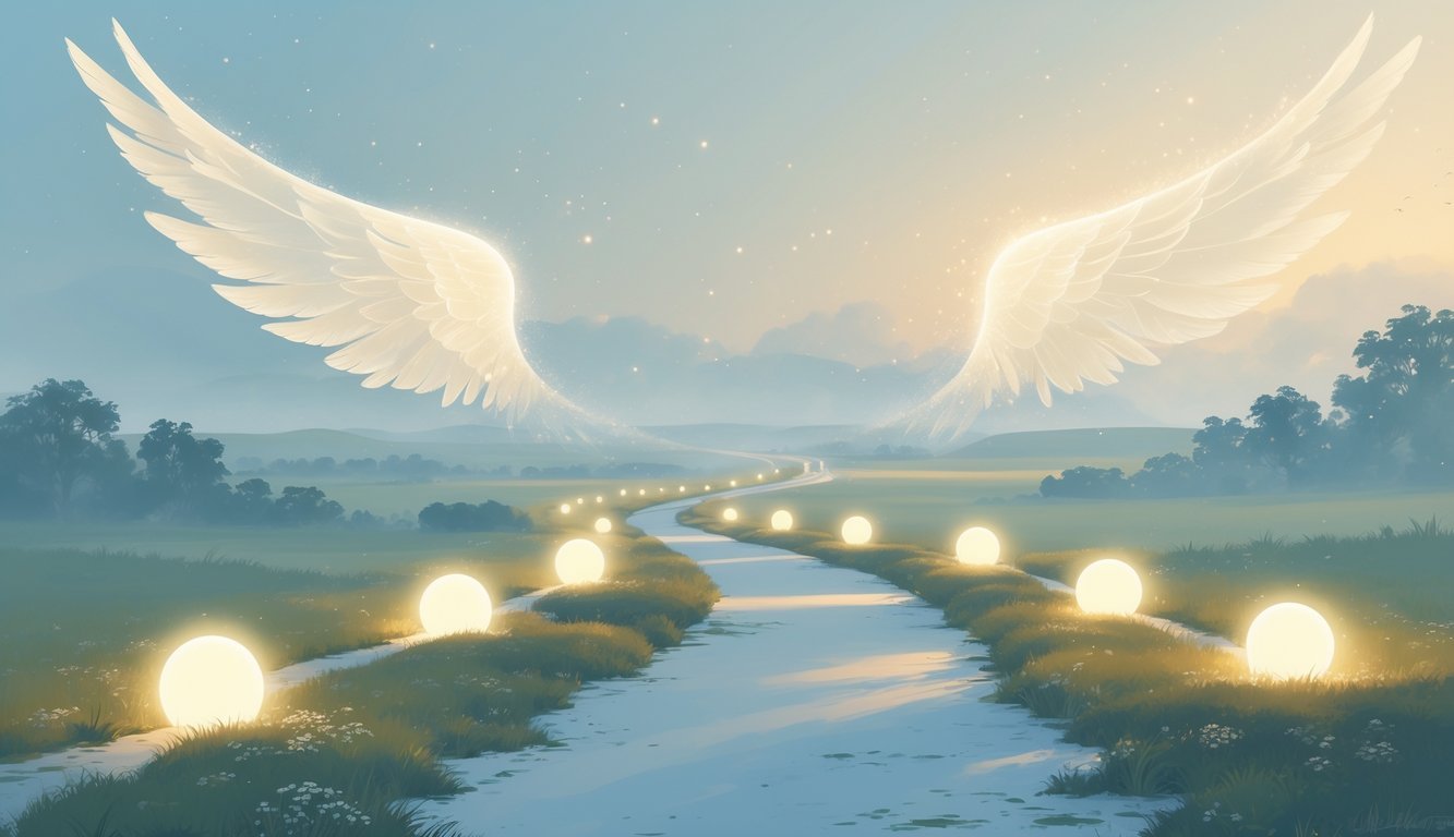 A peaceful glowing pathway through a natural landscape with soft light orbs and faint angelic wings in the background, symbolizing guidance and staying on the right path.