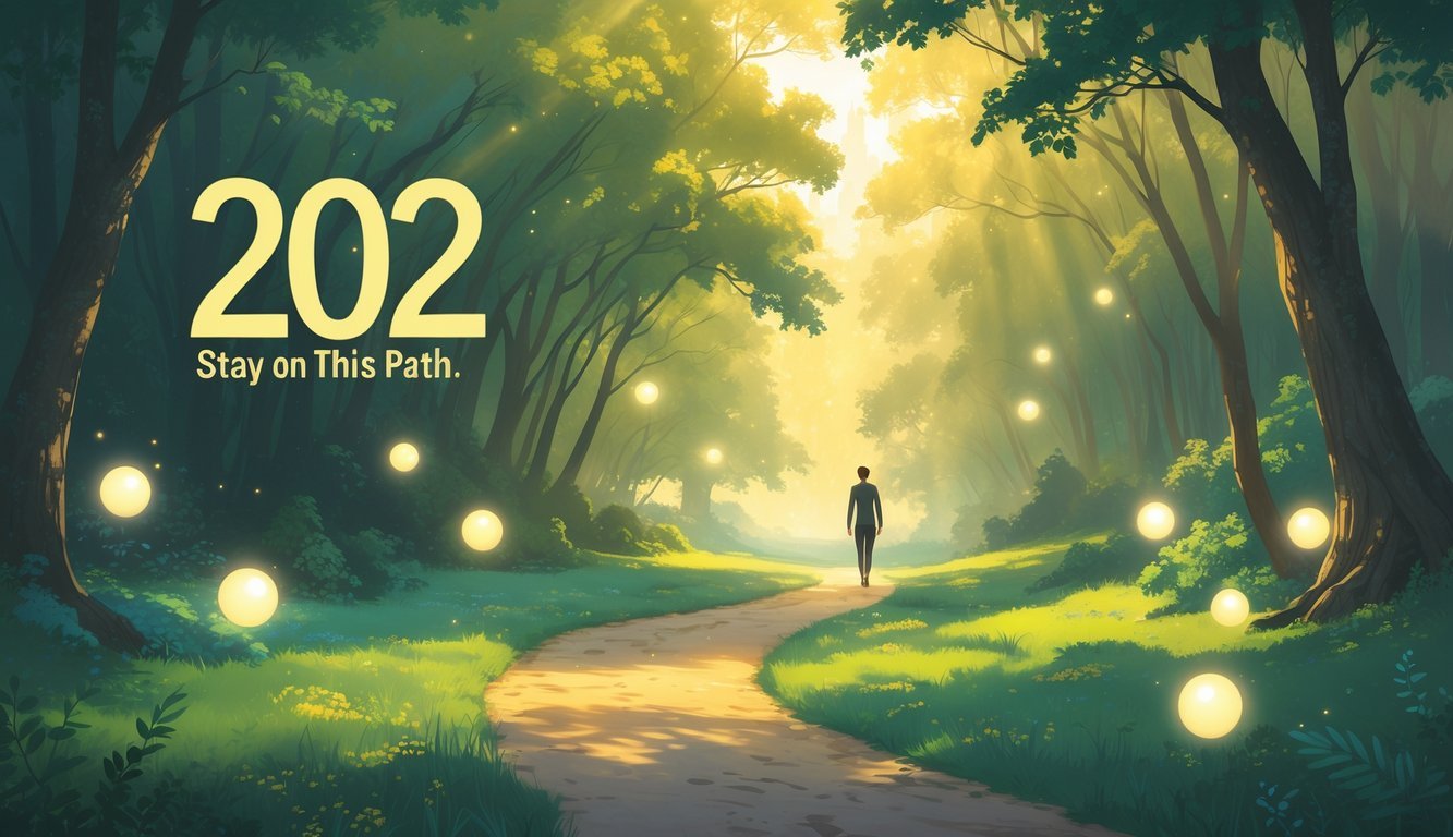 A peaceful forest path bathed in golden sunlight with a person walking forward, surrounded by gentle glowing lights symbolizing guidance.