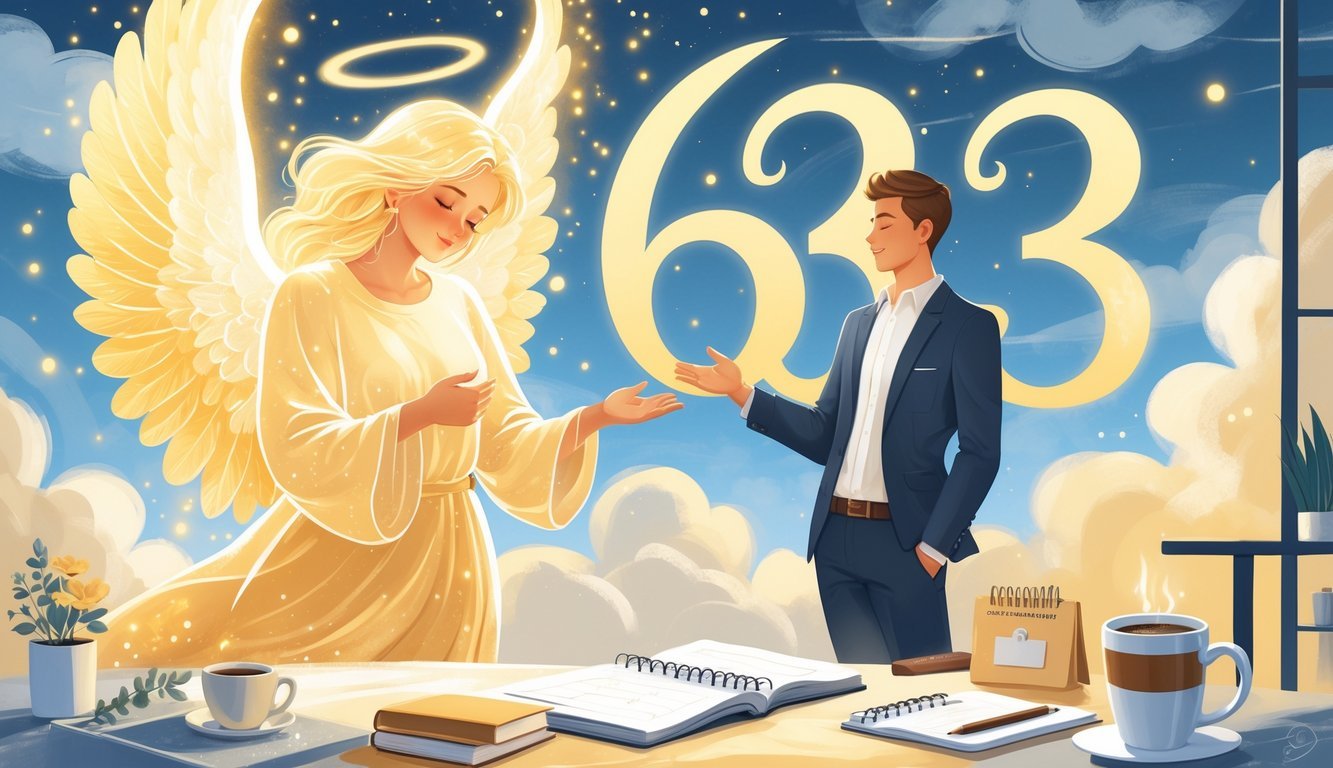 An angelic figure glowing with golden light stands at the center, with a loving couple on one side and a professional person near an office on the other, surrounded by everyday objects like a calendar and coffee cup.
