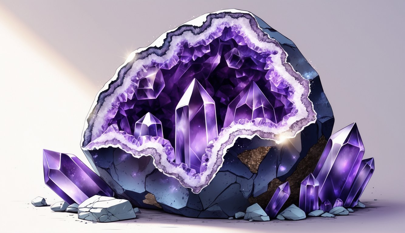 An open amethyst geode showing purple crystals inside surrounded by rough rock.