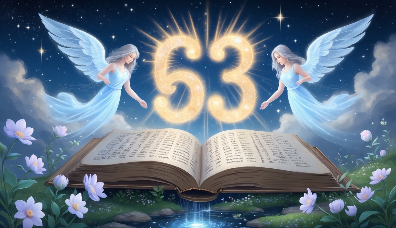 A glowing number 633 floating above an open ancient book surrounded by angelic figures with wings under a starry twilight sky over a peaceful natural landscape.
