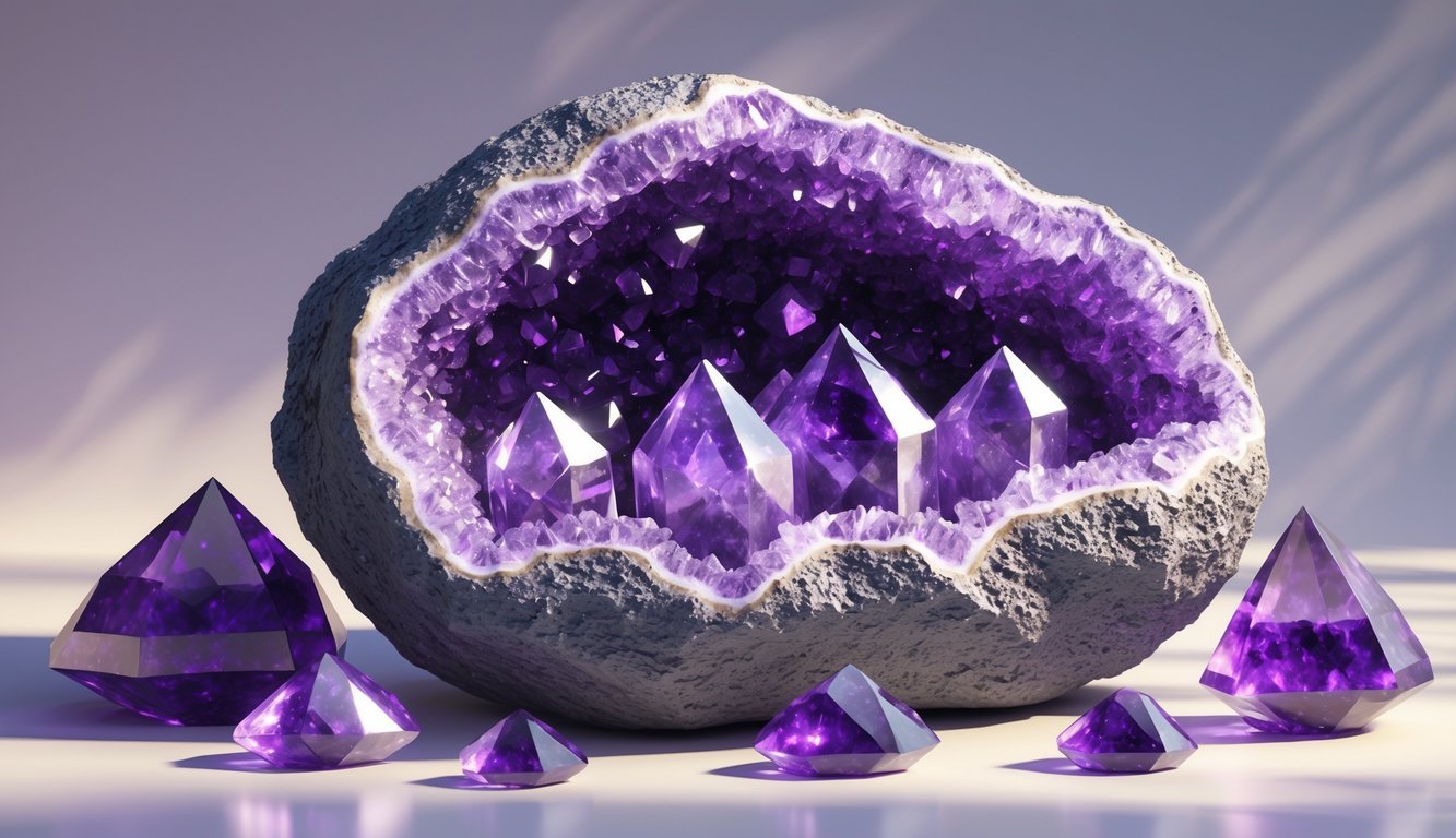 A large open amethyst geode with vibrant purple crystals inside, surrounded by smaller amethyst crystals and polished stones on a neutral background.