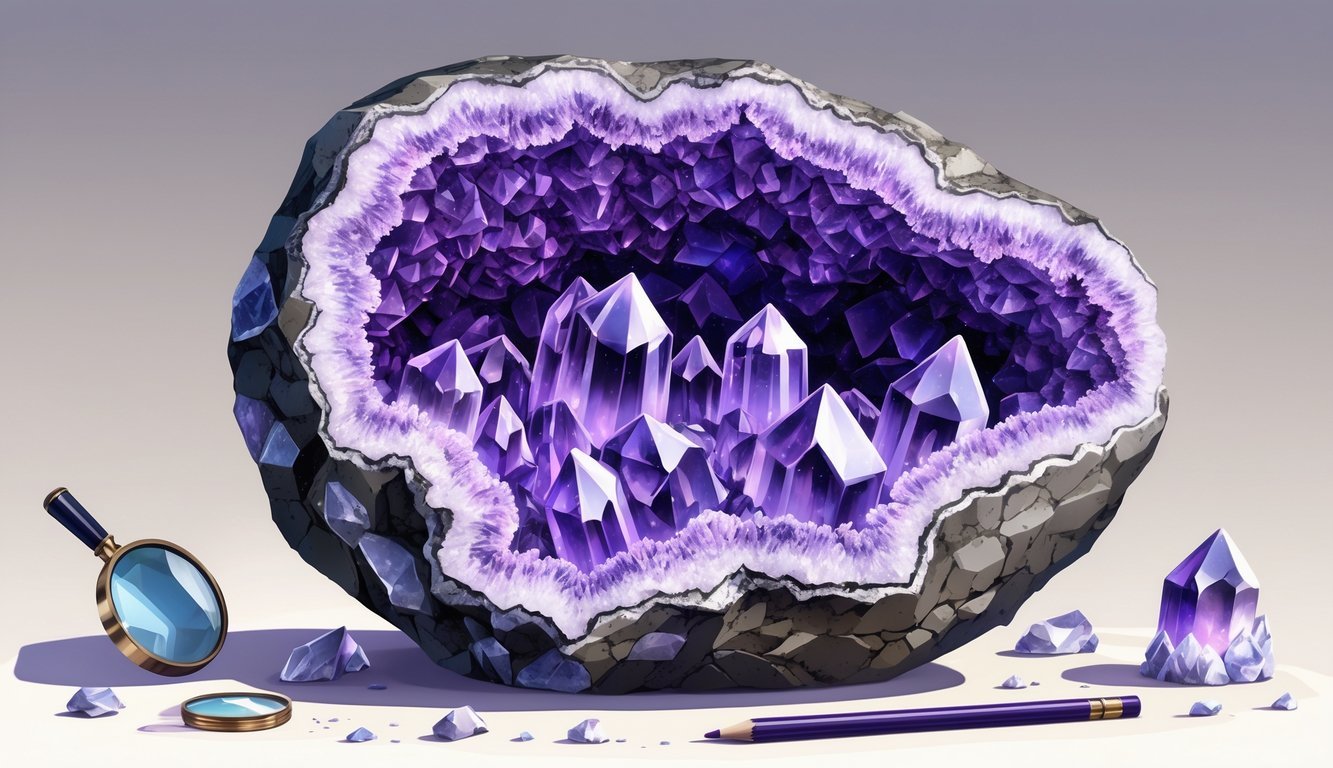 An open amethyst geode showing purple crystals inside with a rough exterior, accompanied by mineral study tools nearby.