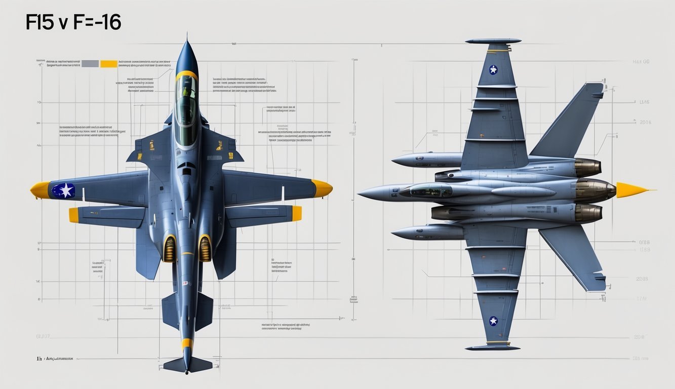 Side-by-side detailed illustrations of two fighter jets, the F-15 and F-16, shown from multiple angles with highlighted design features.