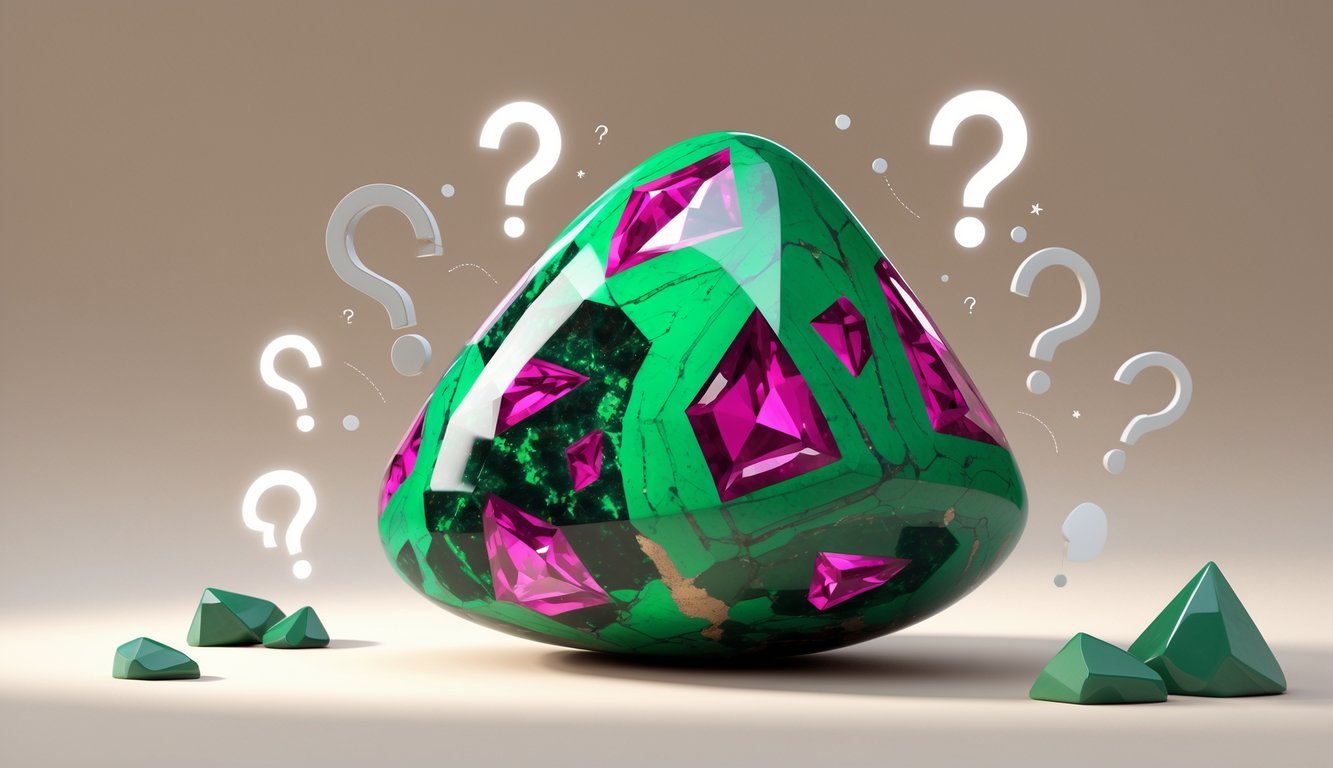 A polished ruby zoisite gemstone with green and red colors displayed with abstract question mark symbols around it.