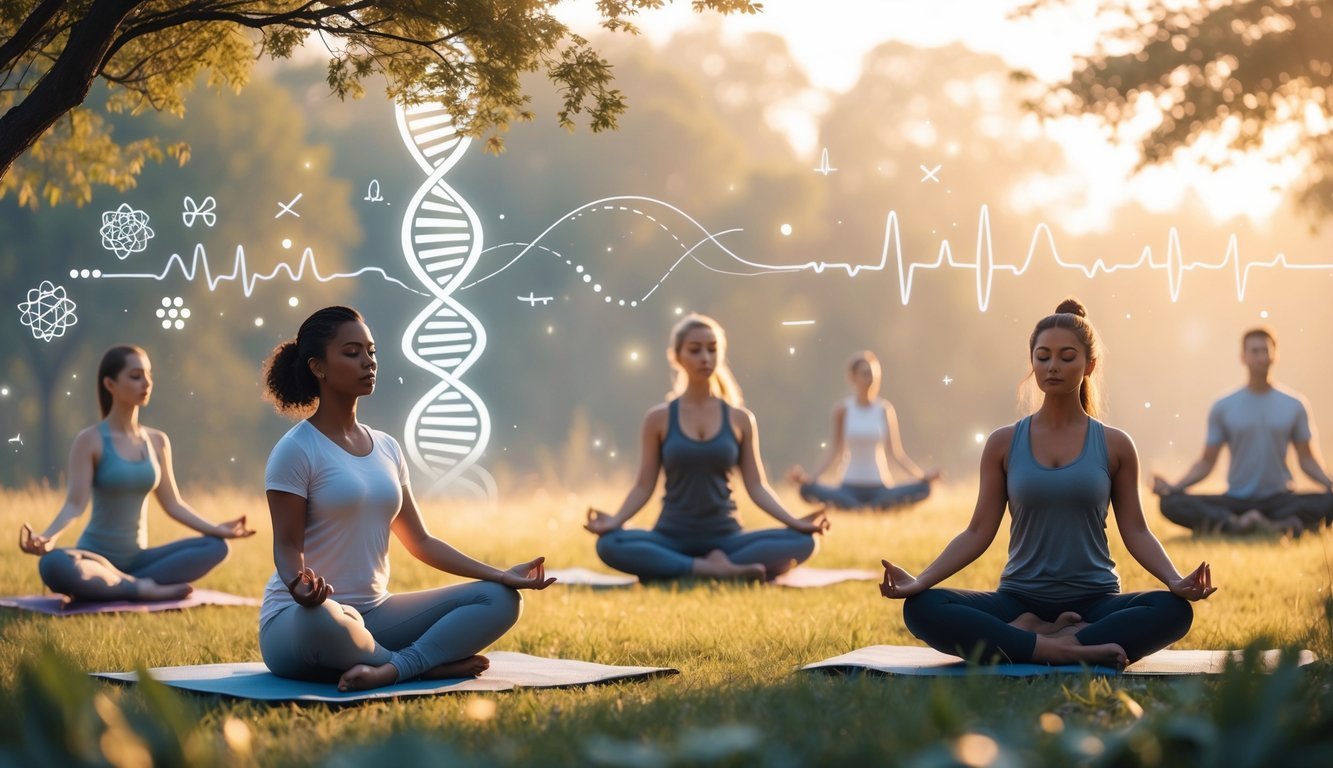People practicing yoga outdoors at sunrise surrounded by nature, with glowing symbols representing calm and scientific elements in the background.