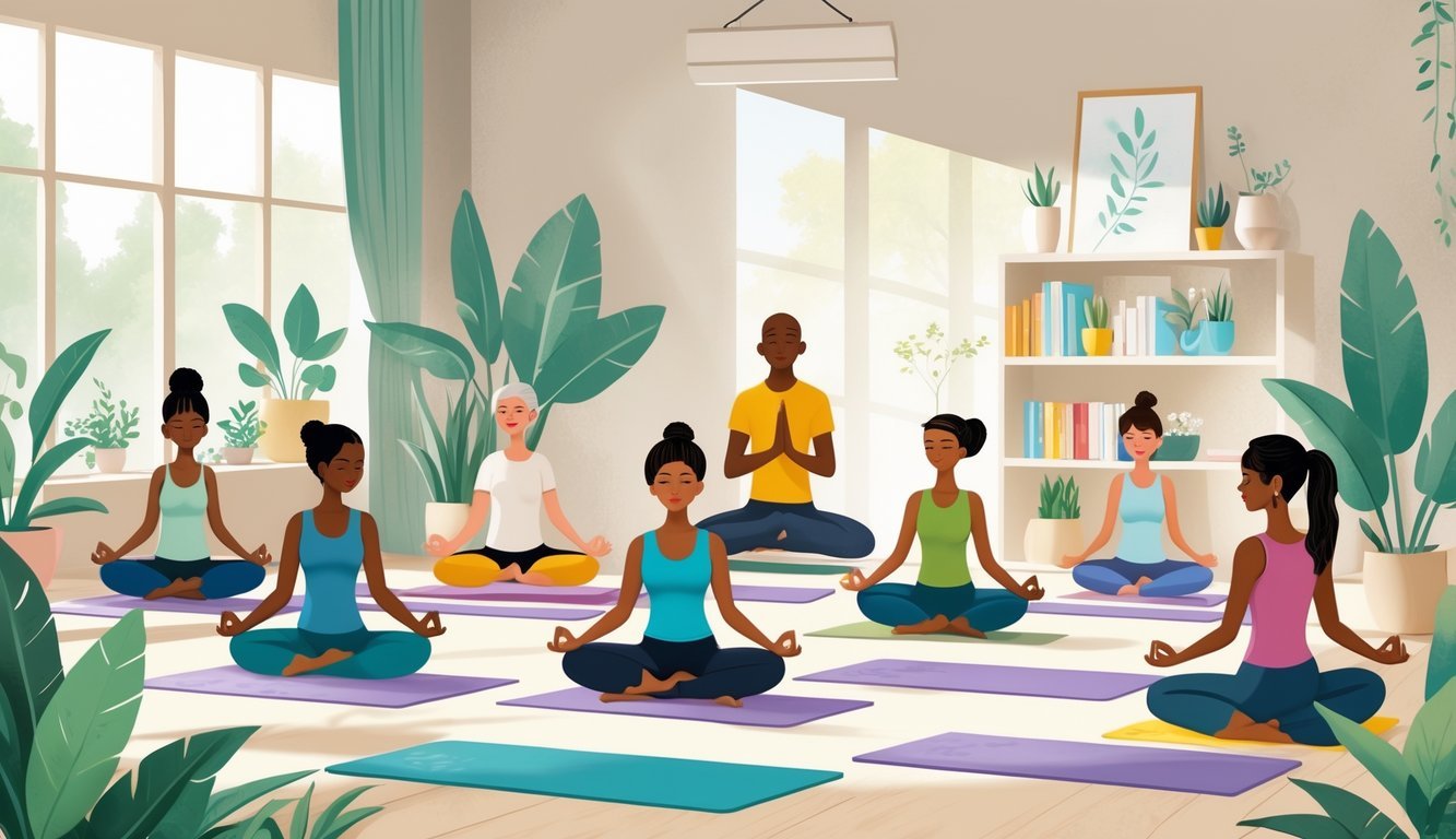 People practicing various calming yoga poses in a peaceful indoor studio with plants and soft lighting.