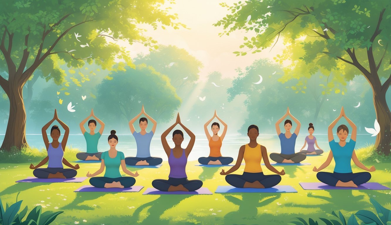 A group of people practicing yoga outdoors in a peaceful natural setting surrounded by trees and soft sunlight.