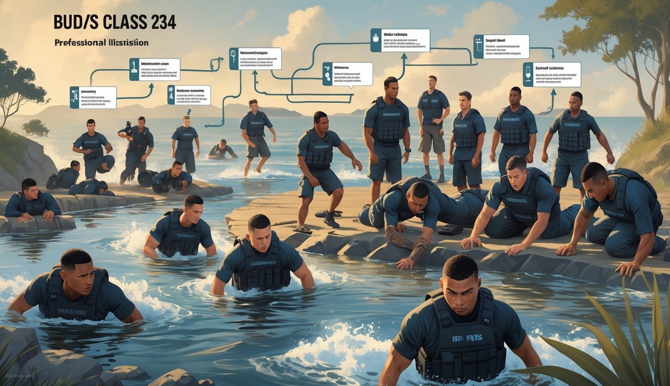 A group of Navy SEAL candidates training outdoors with different pathways symbolizing their career progress after graduation.