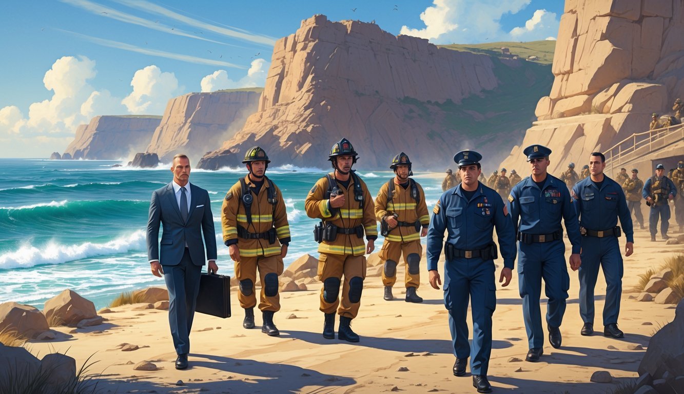 A group of former Navy SEALs from Class 234 shown in different careers after training, including business, firefighting, teaching, and humanitarian work, set near a coastal military training area.
