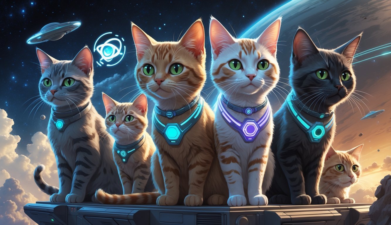 A group of alien cats with glowing eyes and unusual fur patterns surrounded by futuristic technology and cosmic backgrounds with stars and planets.