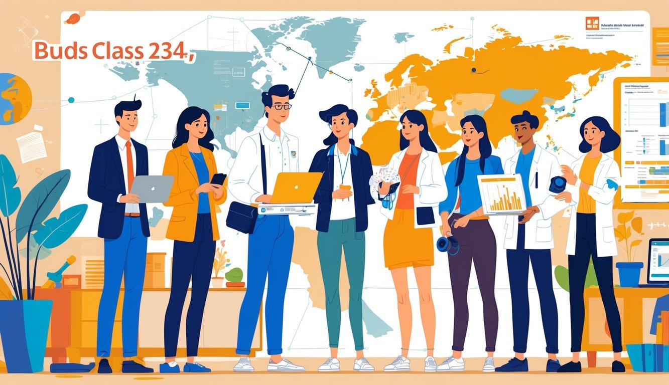 A group of young adults in a bright room, each engaged in different activities representing their current careers and interests, with a world map and digital devices in the background.