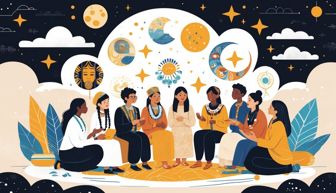 A diverse group of people from different cultures discussing dream symbols surrounded by cultural patterns and dreamlike shapes.