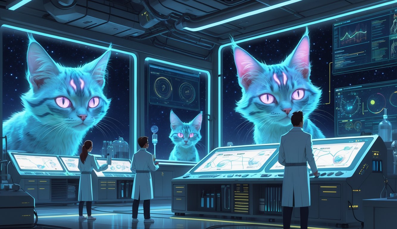 Scientists in a futuristic lab study holographic images of mysterious alien cats with glowing eyes and unusual features, with a starry space view in the background.