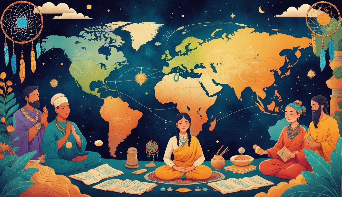 People from different cultures around the world surrounded by symbolic dream elements representing their unique dream interpretation traditions.