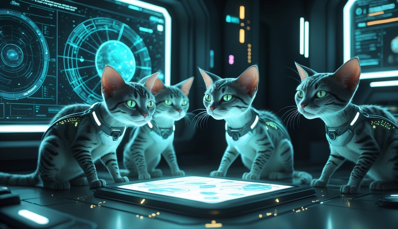 Several futuristic alien cats with glowing eyes and bioluminescent fur gathered around a holographic display in a high-tech laboratory or spaceship interior.