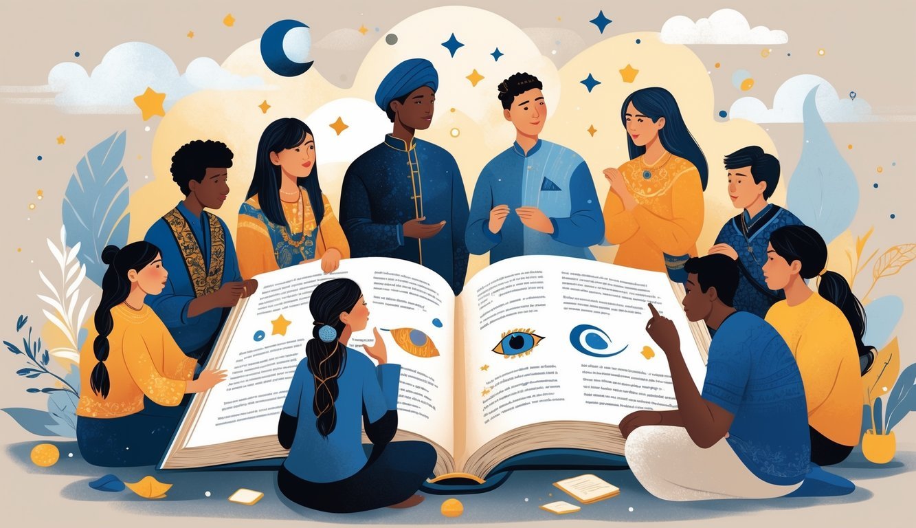 A group of diverse people discussing dream symbols with cultural elements and dreamlike motifs around them.