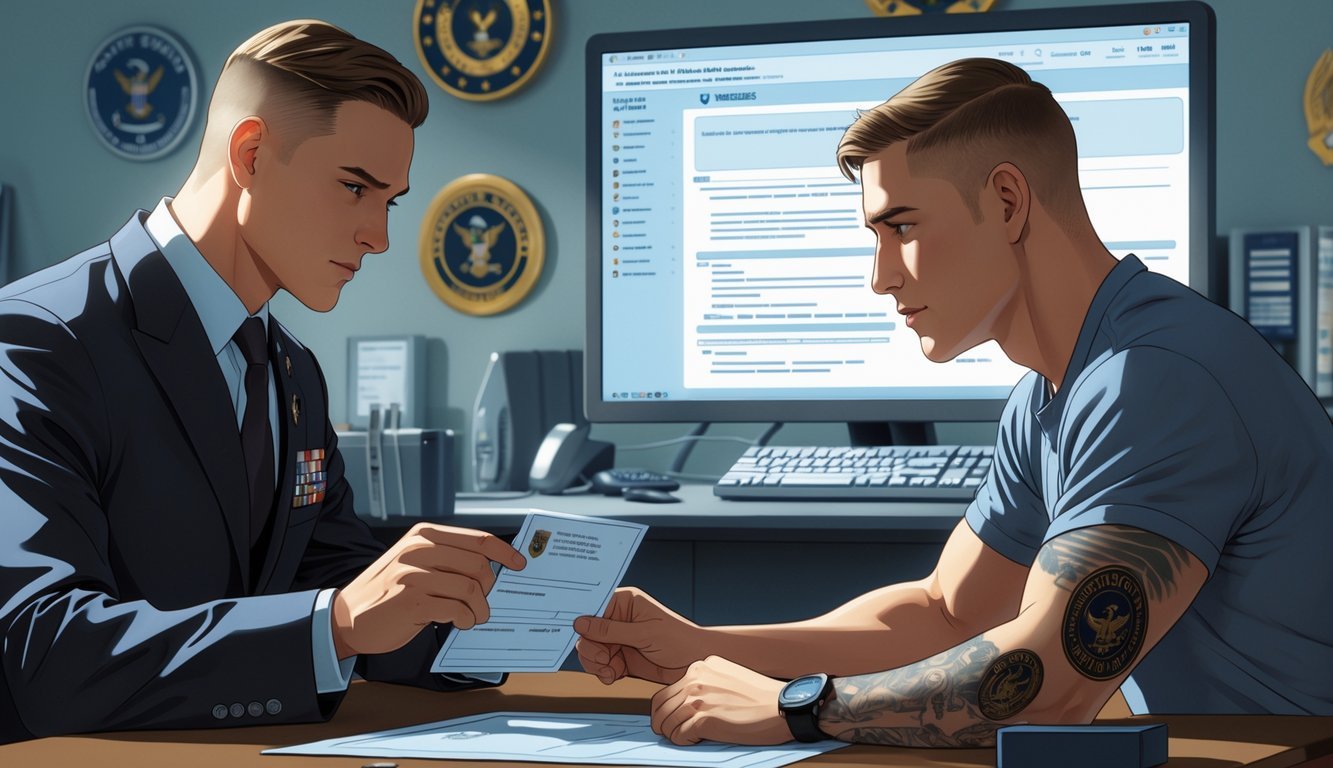 A person in an office is checking identification documents of another person with a Navy SEAL tattoo, with naval insignia and medals visible in the background.