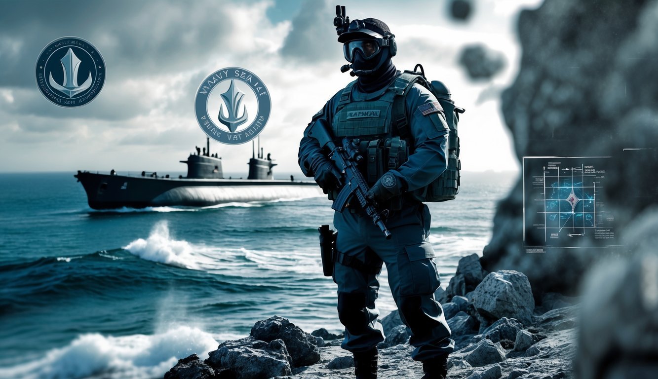 A Navy SEAL in full tactical gear stands on a rocky coastline with the ocean and a submarine behind him, holding diving equipment and a rifle, surrounded by imagery representing training and military strategy.