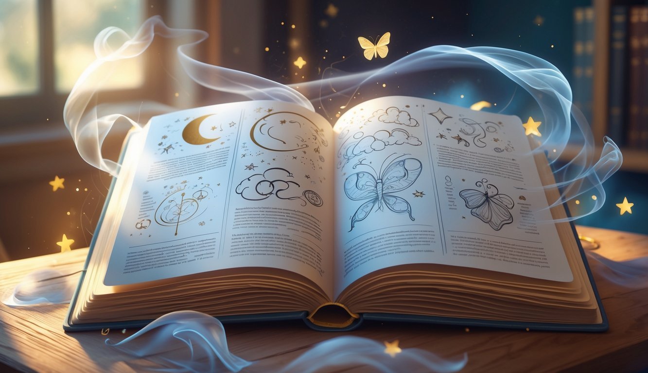 An open book on a desk with dream symbols and soft glowing wisps around it, suggesting the interpretation of dreams.