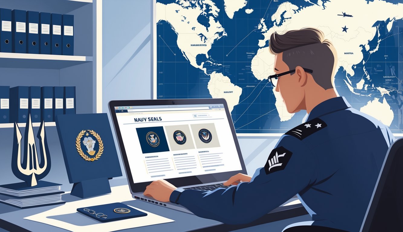 A person at a desk researching Navy SEAL information on a laptop, surrounded by military symbols like a trident emblem, dog tags, and a folded American flag.
