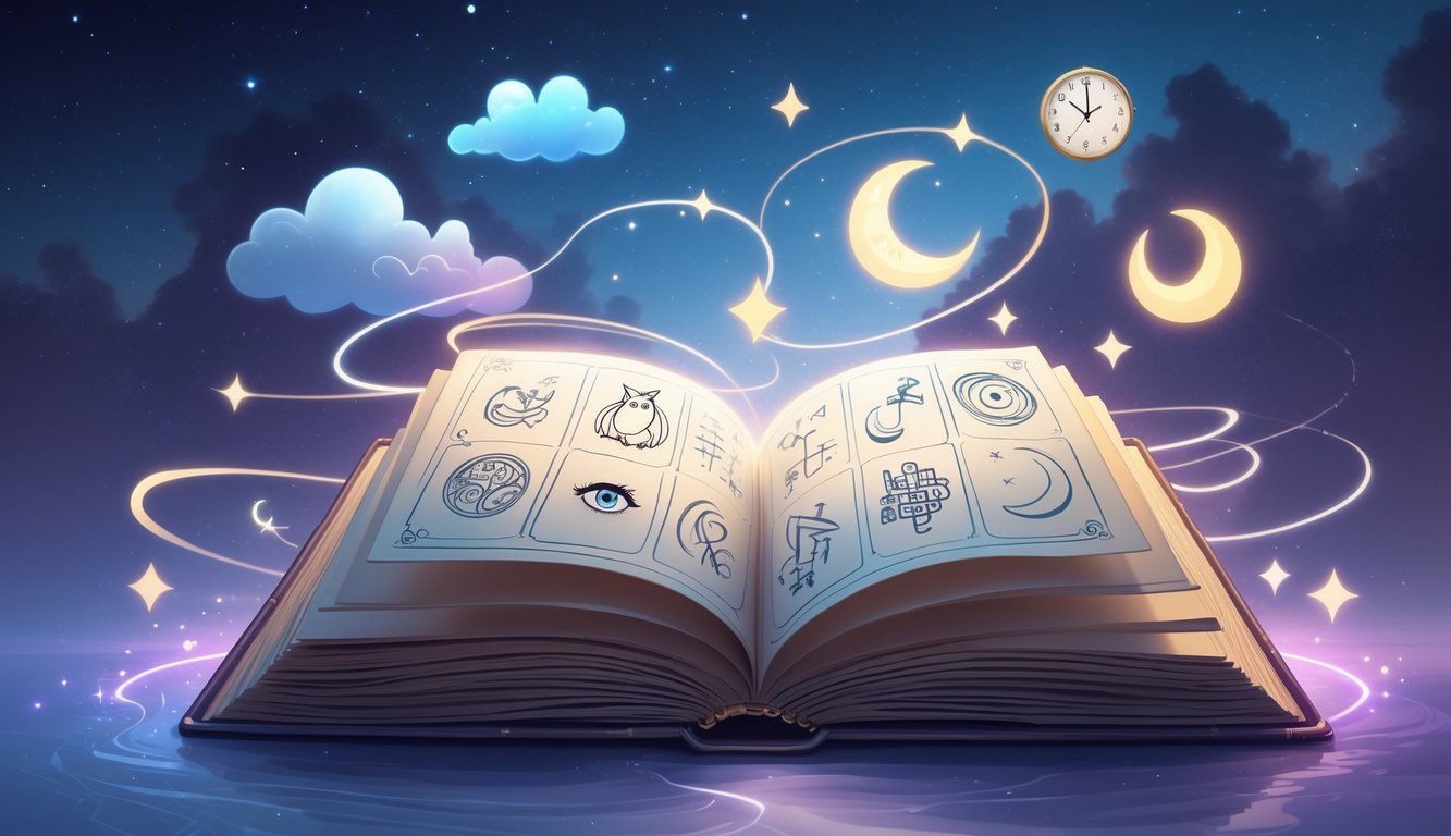 An open glowing book surrounded by floating dream symbols like a key, owl, moon, stars, and clouds against a twilight sky.
