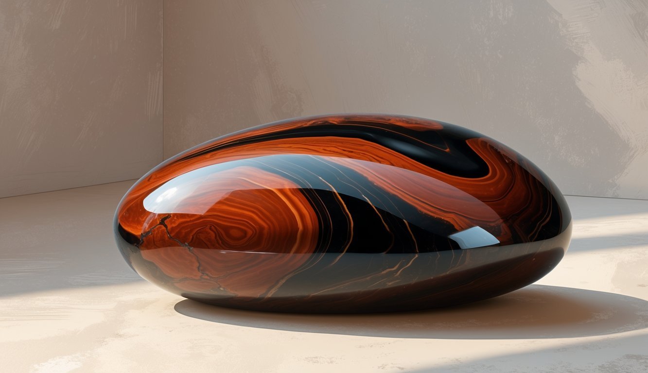 A polished mahogany obsidian stone with reddish-brown and black swirling patterns resting on a neutral surface.