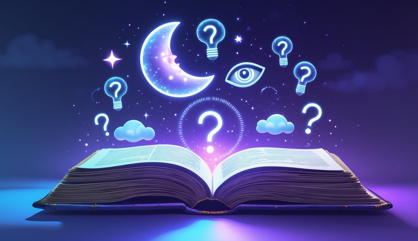 An open book with glowing dream symbols floating above it, surrounded by question marks and lightbulbs, set against a soft nighttime background.