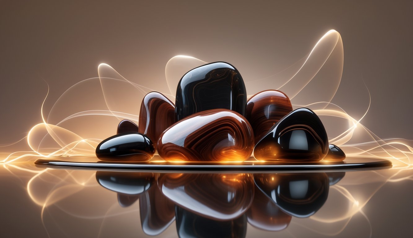 A group of polished mahogany obsidian stones with reddish-brown and black patterns resting on a reflective surface with glowing light surrounding them.