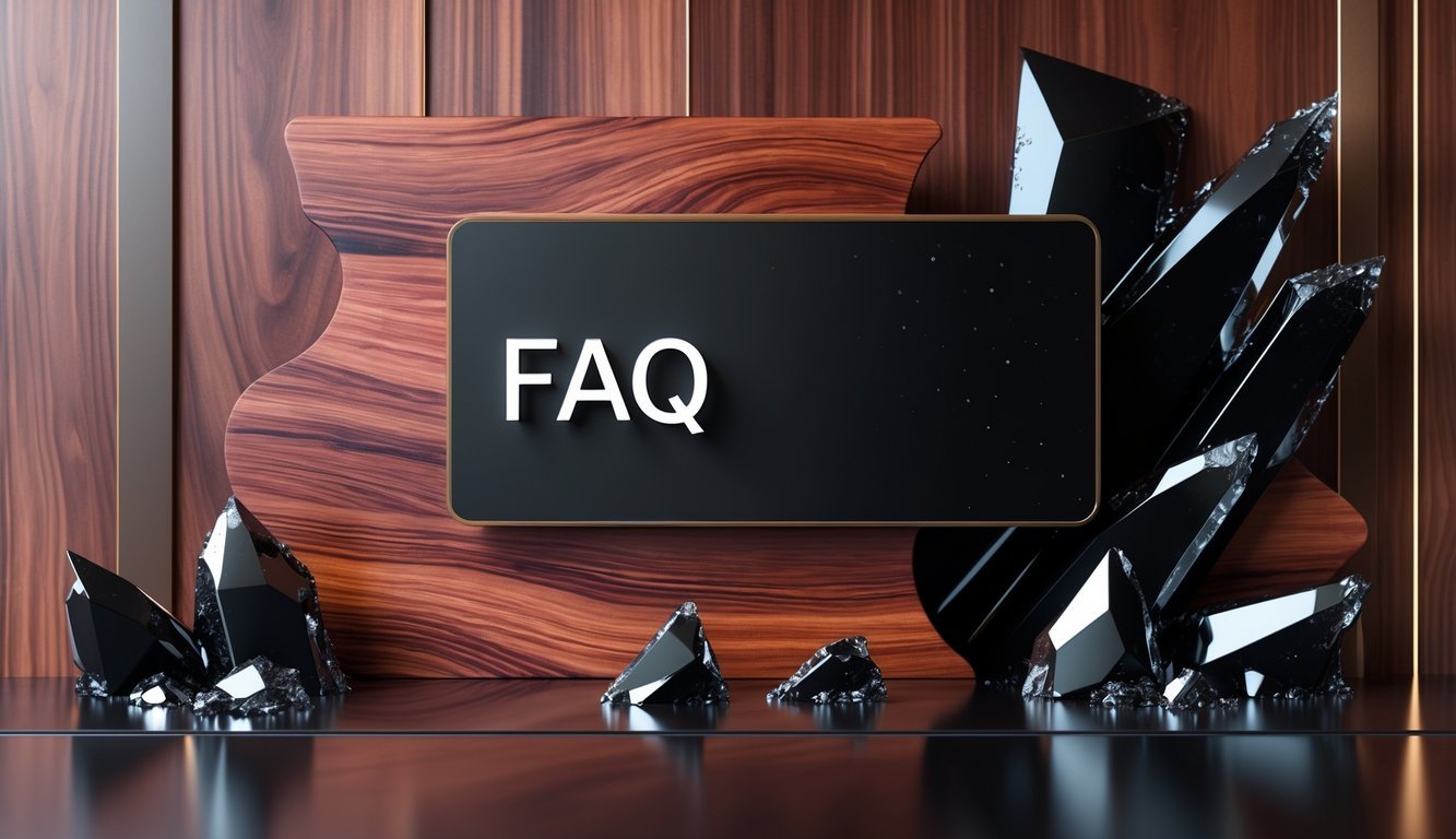 A clean and elegant scene featuring a digital FAQ board surrounded by polished mahogany wood textures and shiny black obsidian crystals.