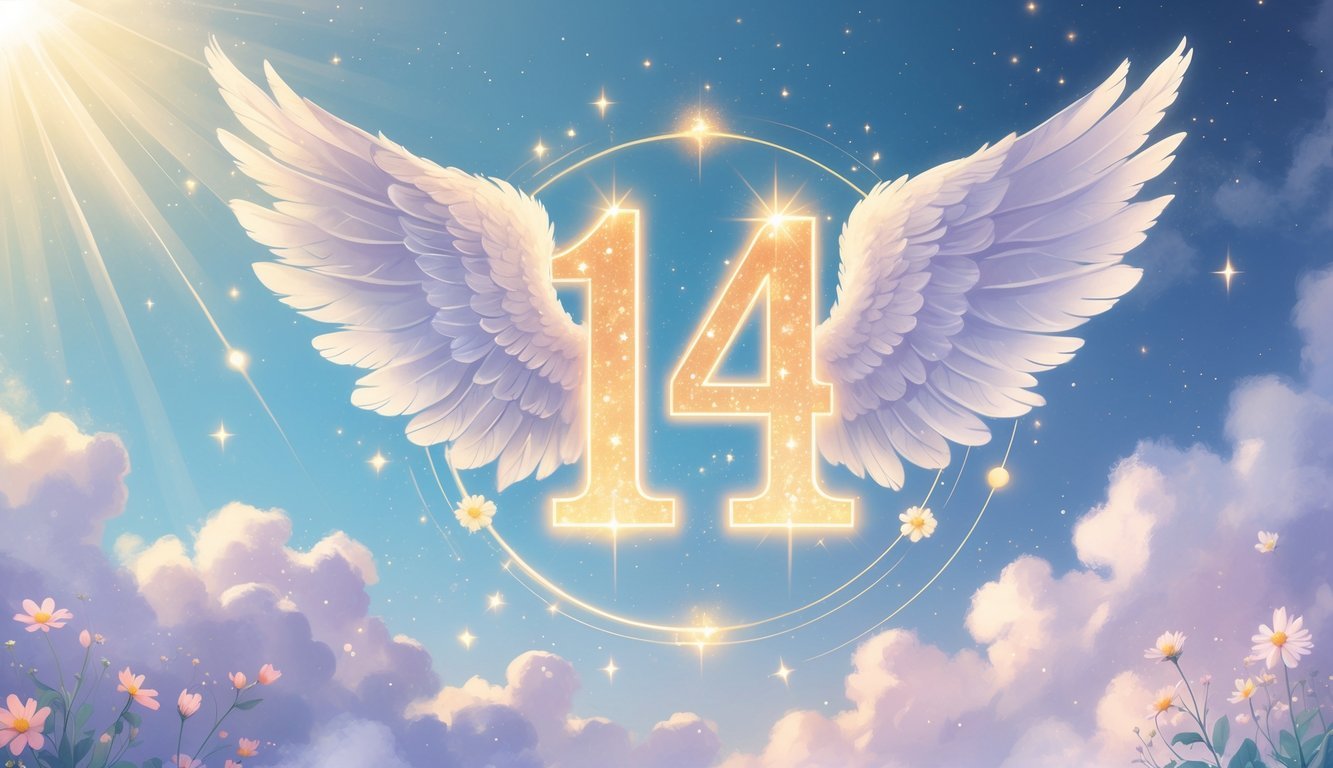 A glowing number 14 surrounded by angel wings, floating in a serene sky with stars and soft clouds, accompanied by symbols of growth and balance.