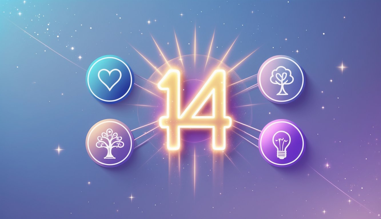 A glowing number 14 surrounded by icons representing love, career, personal growth, family, and wisdom, connected by flowing lines on a calming blue and purple background with soft sparkles.