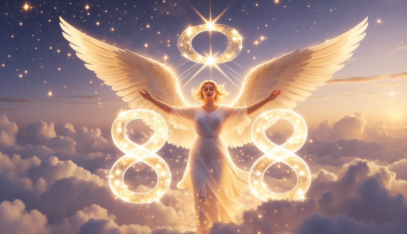 A glowing angel with outstretched wings surrounded by soft golden light and floating glowing symbols of the number 888 in a peaceful celestial sky with clouds and stars.