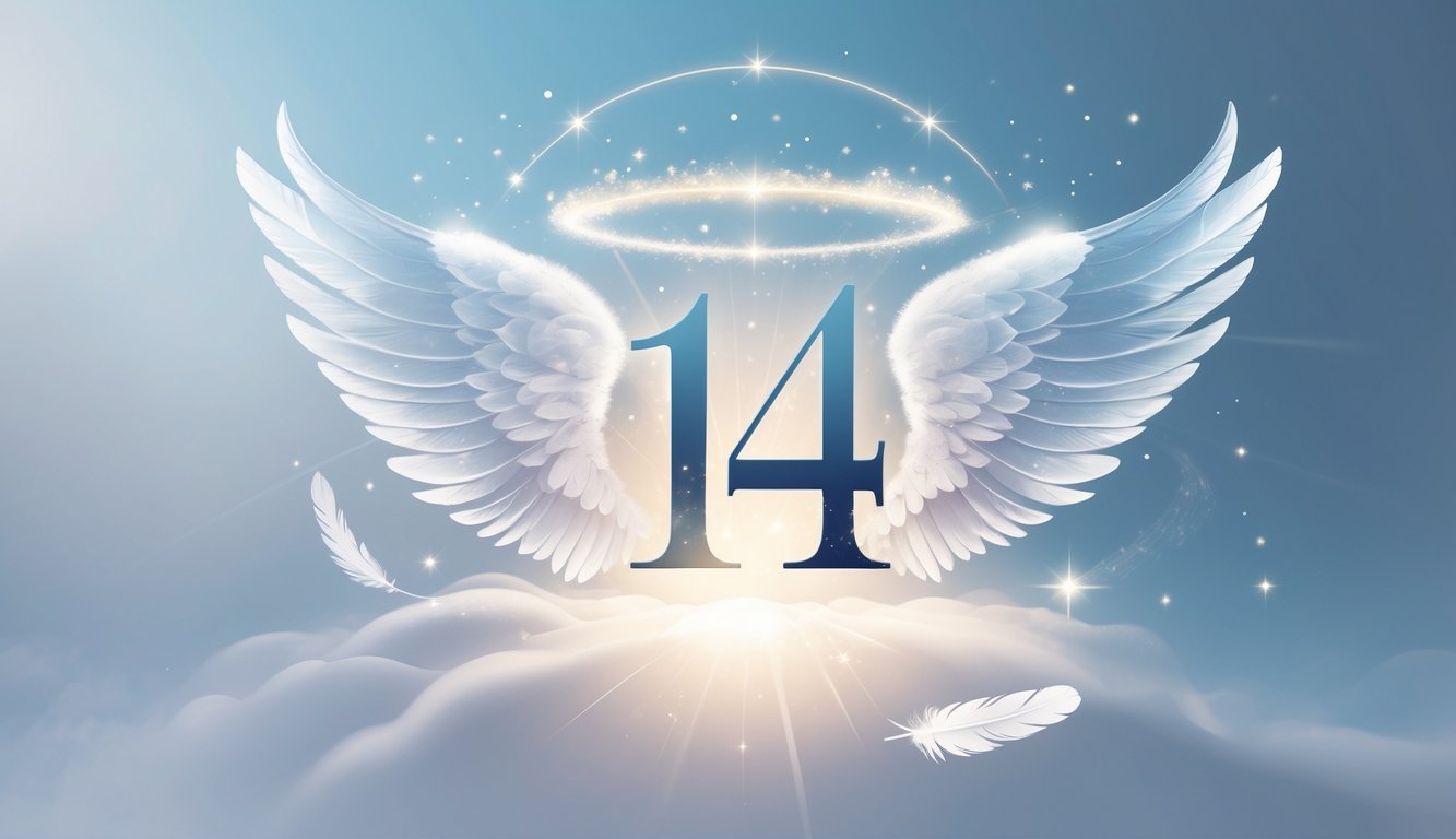 A glowing number 14 surrounded by angel wings, soft light rays, stars, and clouds against a calm, ethereal background.