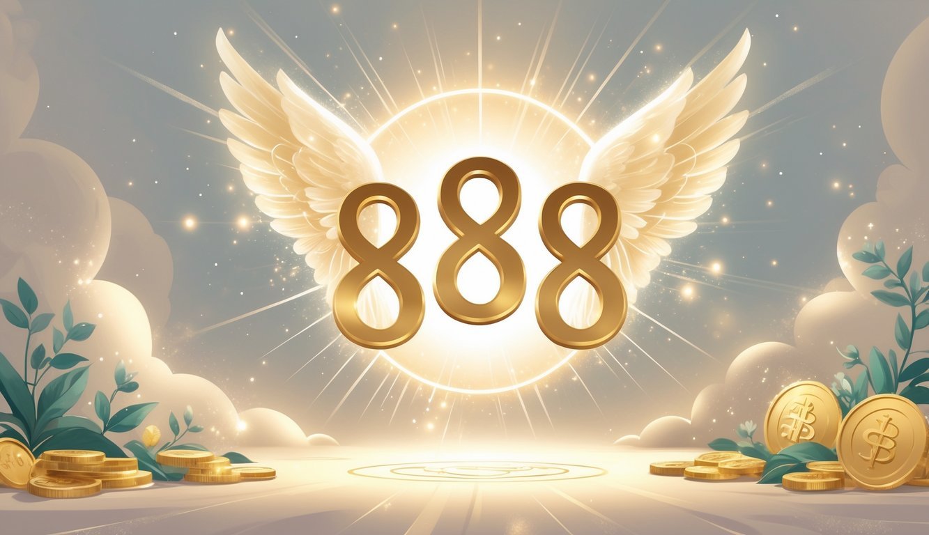 A glowing golden number 888 surrounded by light particles and symbols of abundance and spiritual growth against a soft, celestial background.