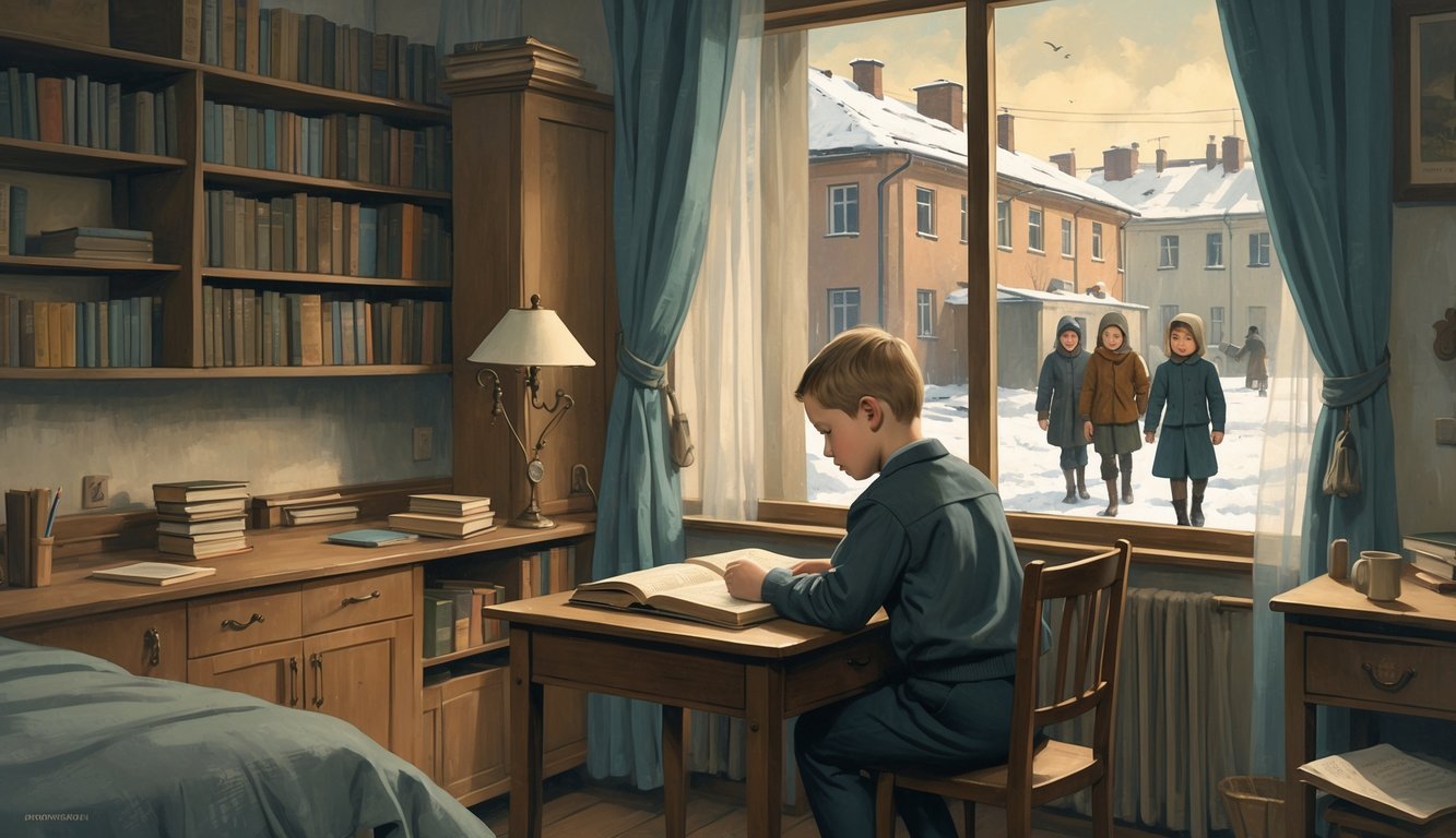 A young boy studying at a desk in a modest Soviet-era apartment with books and a window showing urban buildings outside.