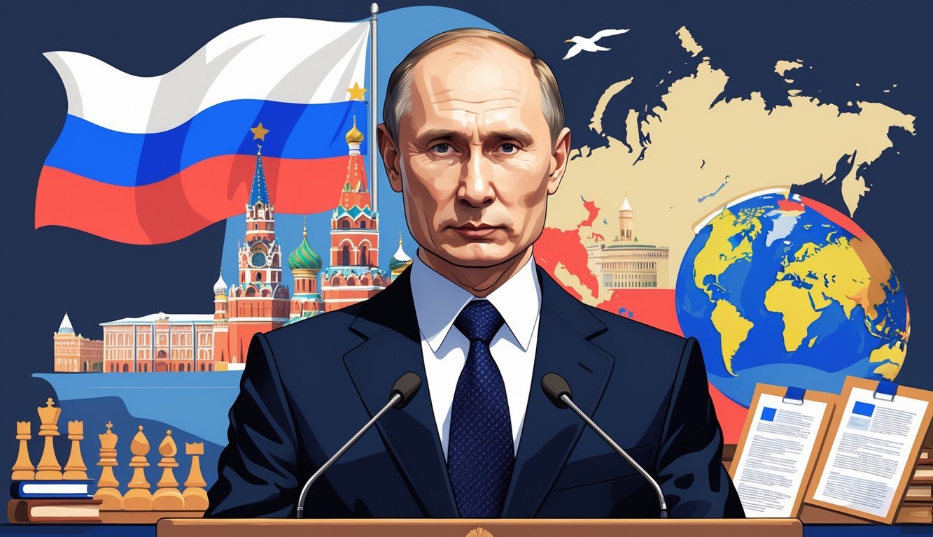 A man resembling Vladimir Putin stands at a podium with the Russian flag and the Kremlin in the background, surrounded by symbols of leadership and governance.