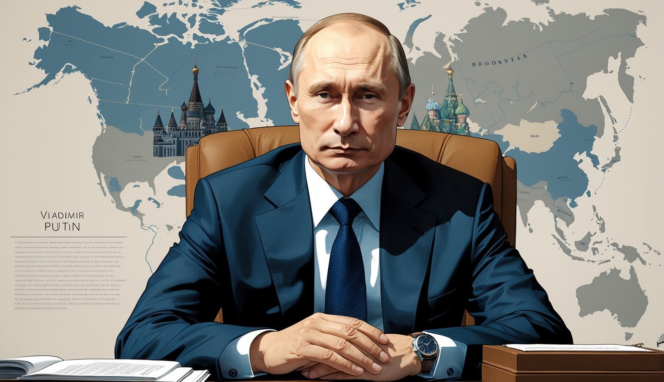 Portrait of Vladimir Putin sitting at a desk with a map of Russia and the Kremlin in the background.