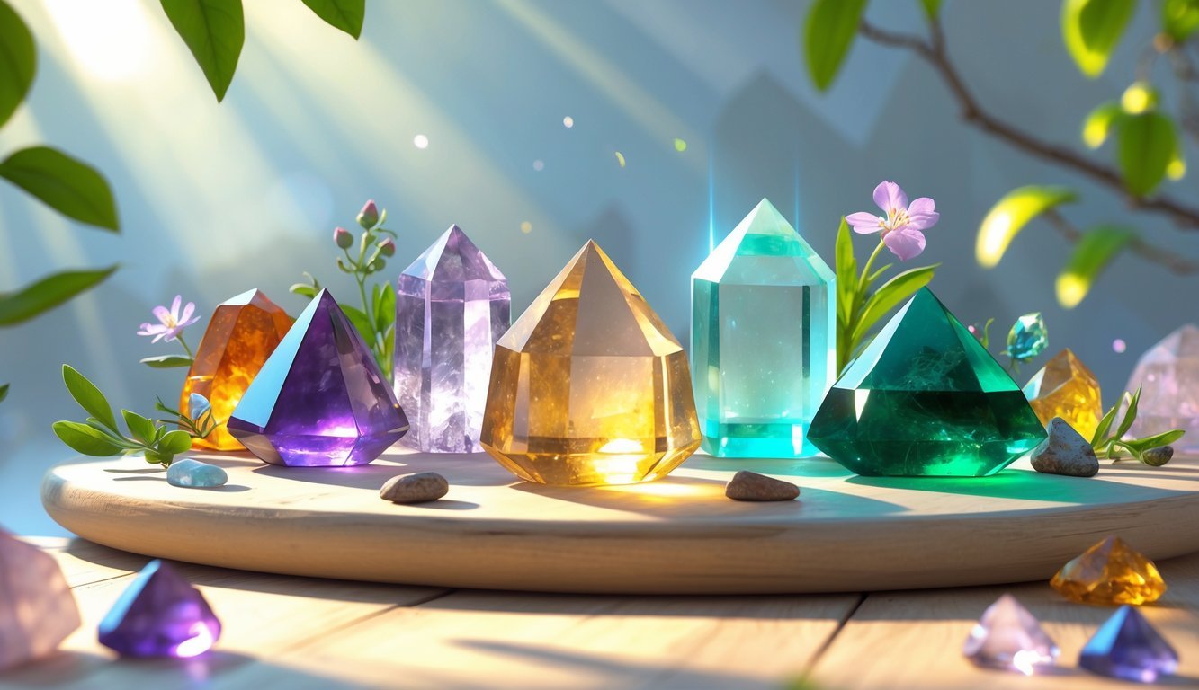 A collection of colorful crystals and gemstones glowing softly on a wooden surface surrounded by leaves and flowers with sunlight filtering through.