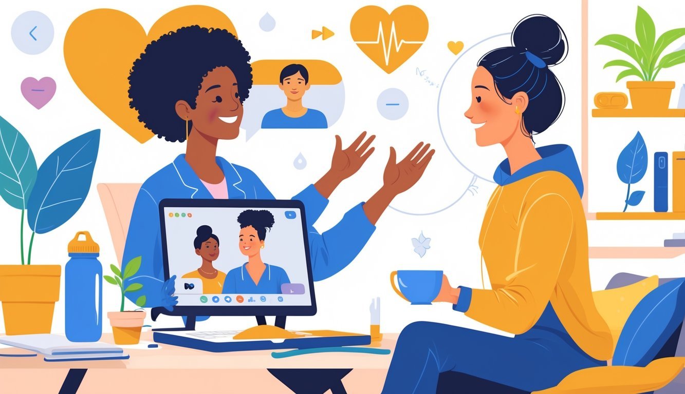 A wellness coach and a client having a video call for remote wellness coaching, with health-related items around them.