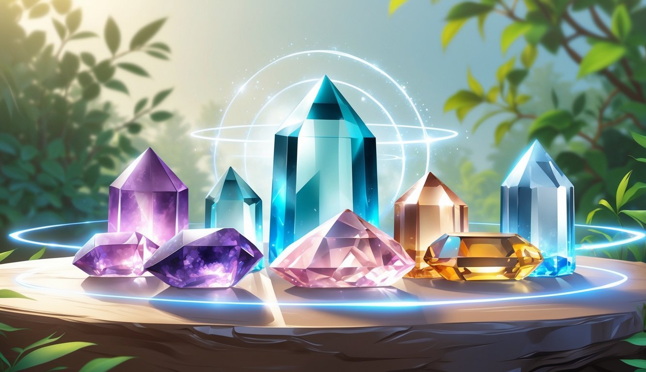 A peaceful arrangement of various crystals and gemstones glowing softly on a wooden surface with a natural outdoor background of greenery and sunlight.