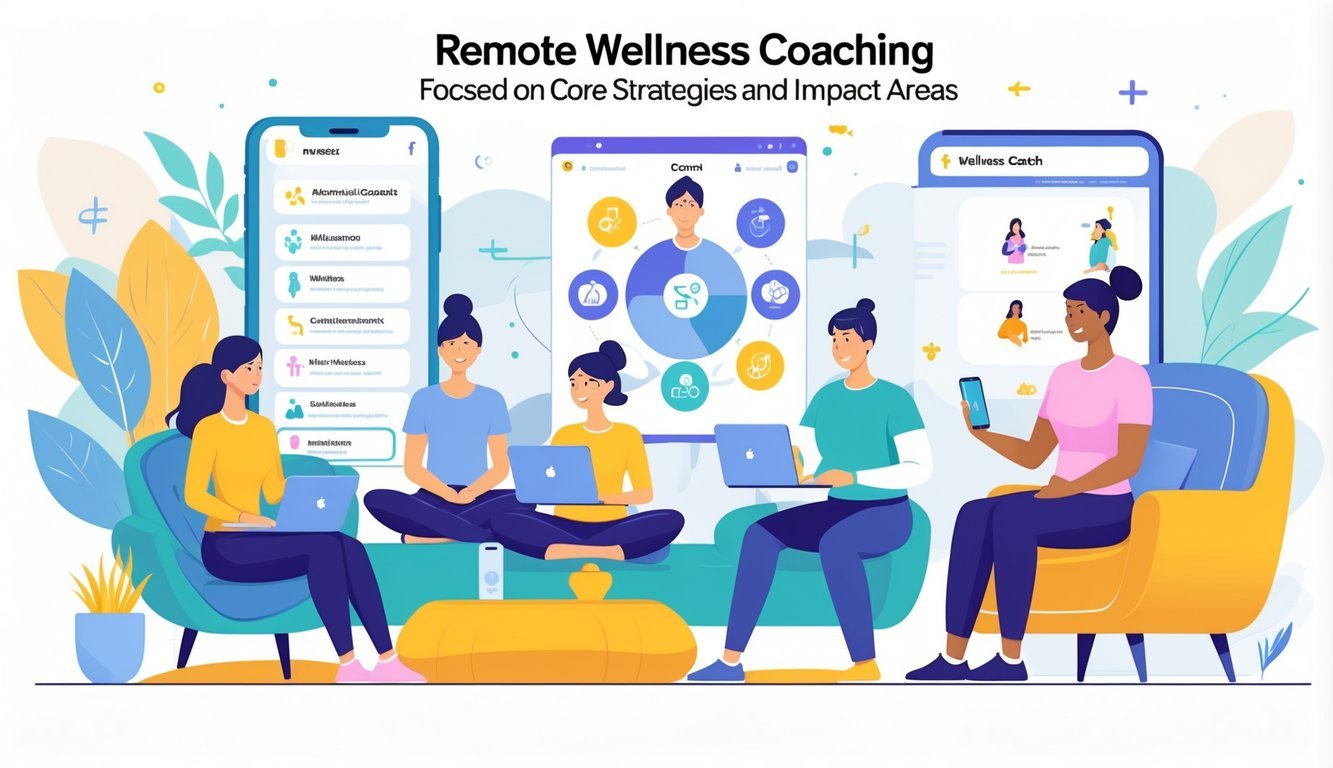 People engaging in wellness activities at home using digital devices, with a wellness coach on a video call offering guidance.