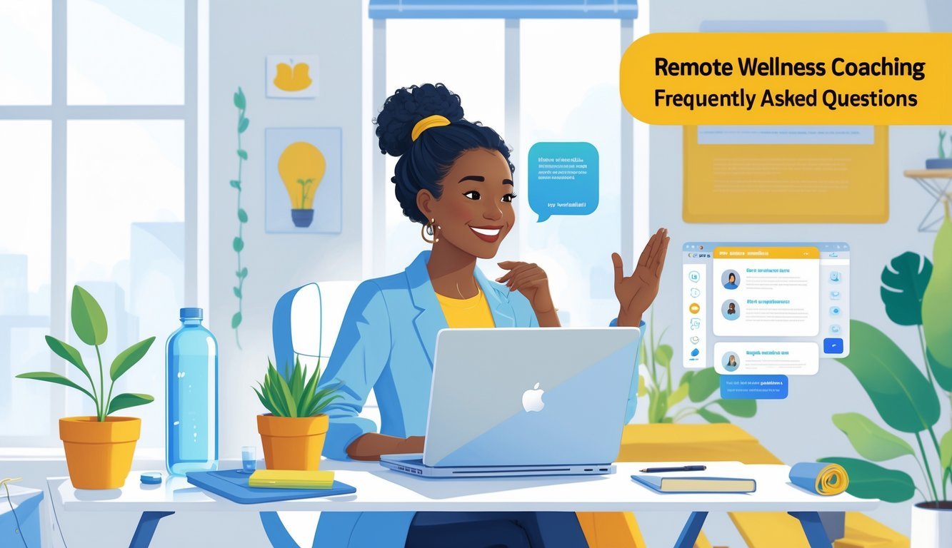 A wellness coach and client engaging in a remote coaching session via laptop in a bright home office with calming wellness elements around.